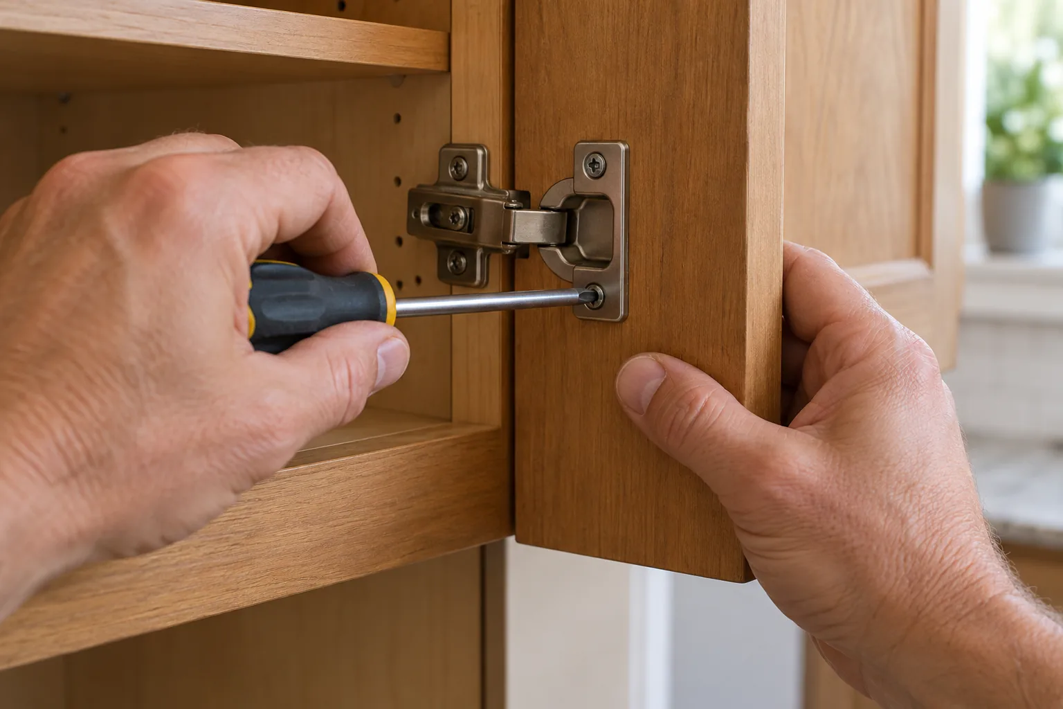 Illustrative close view of careful cabinet hinge removal