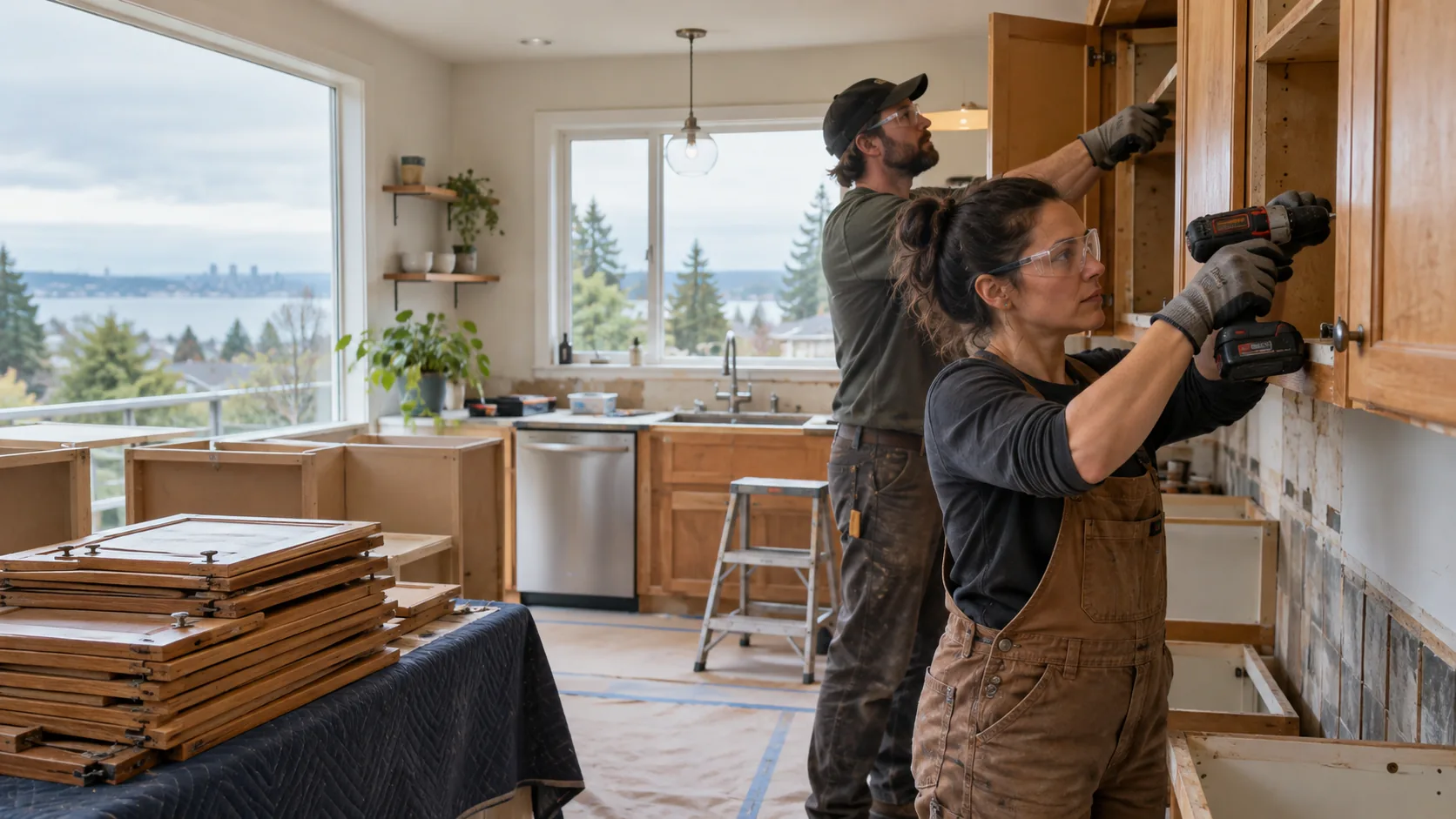 Illustrative deconstruction crew carefully removing kitchen cabinets